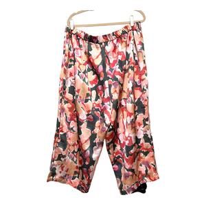 Eloquii Cropped Pink Green Abstract Watercolor Satin Stretchy Art to Wear Pants